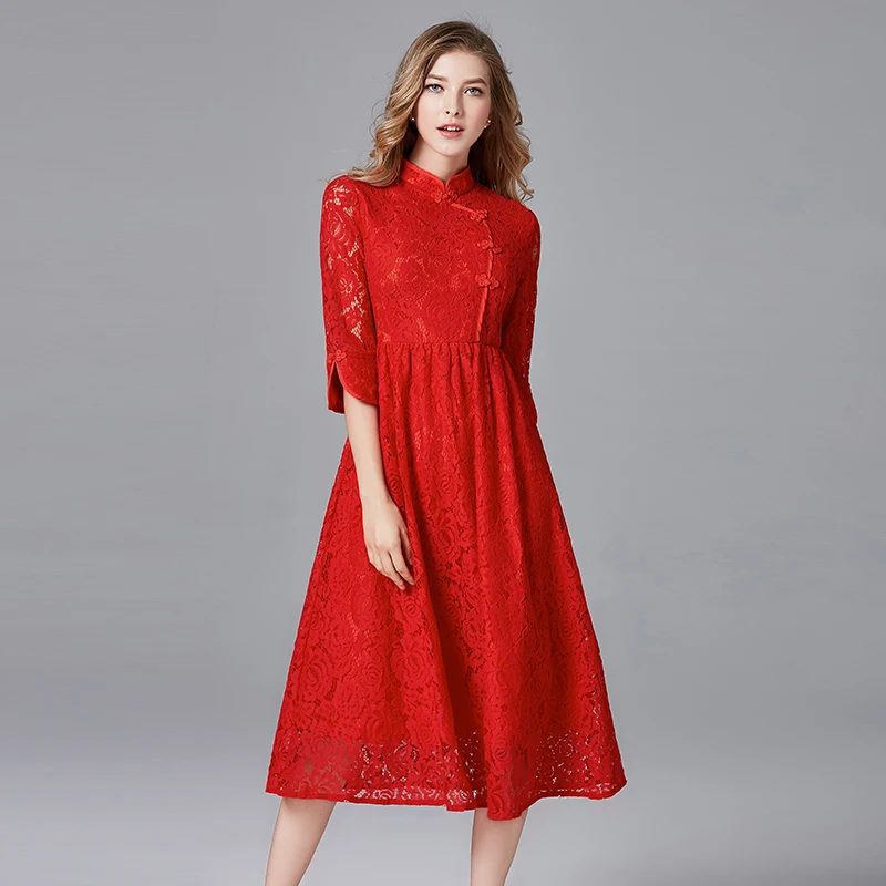 TAOYIZHUAI 2019 New Arrival Winter Women Red Dress Plus Size L Hollow Out Fit And Flare Thicken Women Lace Long Dress 14152(R)