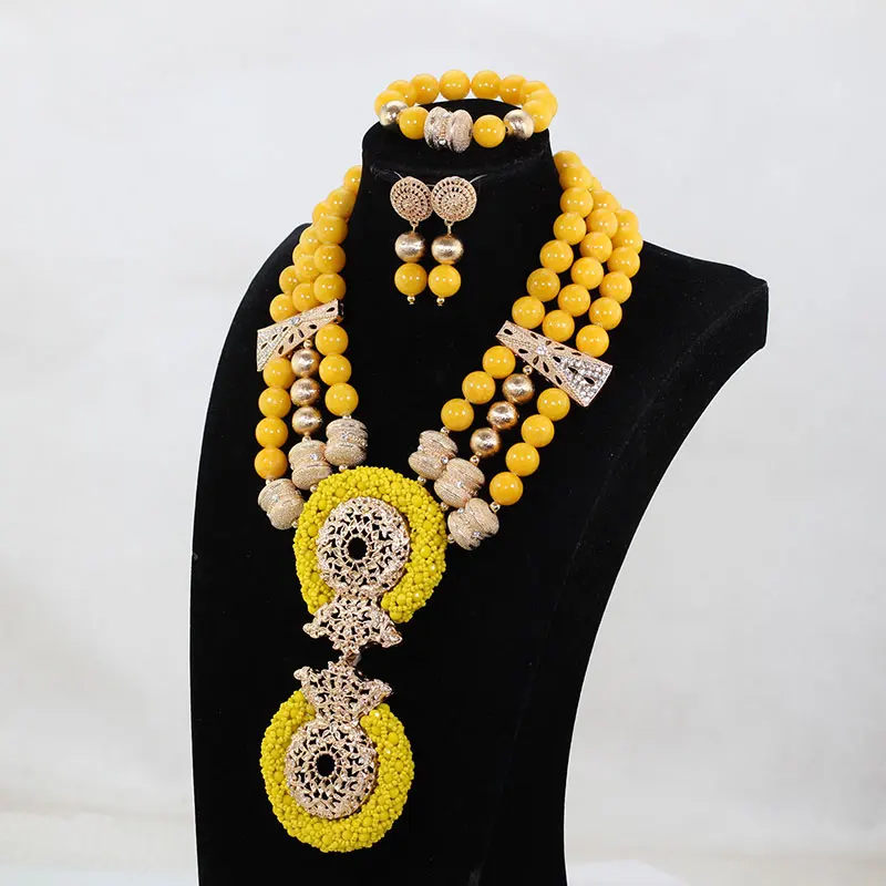 Luxury New 2018 Latest Deep Yellow Beaded African Costume Jewelry Set Wedding Bib Crystal Statement Necklace Set Mustard ABH782