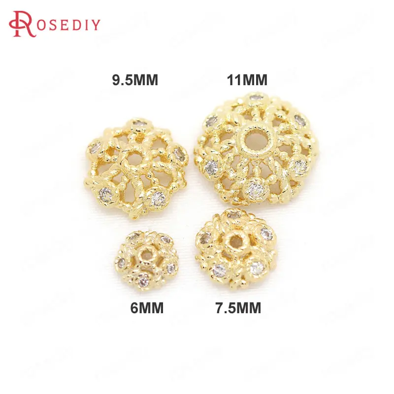 (B039)6 pieces 6mm 7.5mm 9.5mm 11mm Brass with Zircon High Quality Gold Color Plated Bead Caps Jewelry Findings Accessories