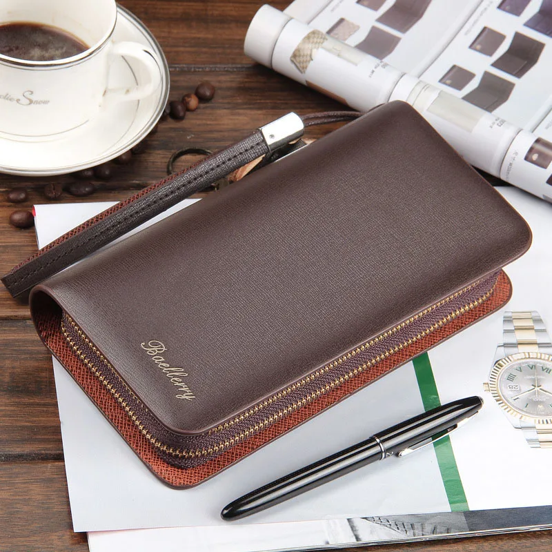 baellerry Luxury Long Men\'s Leather Wallet With Strap Large Capacity Man Clutch Money Bag With Coin Pocket For Male Card Holder