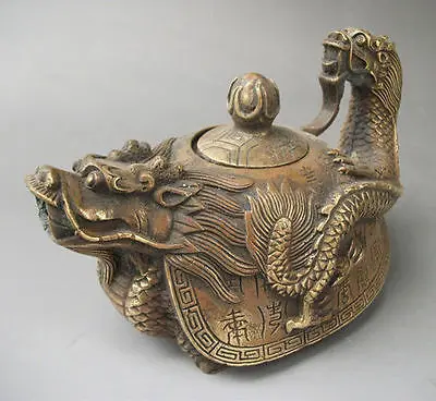 Rare Old Wonderful Rare Oriental Bronze Signed Carved Dragon Teapot Statues copper tools wedding Decoration Brass Bronze