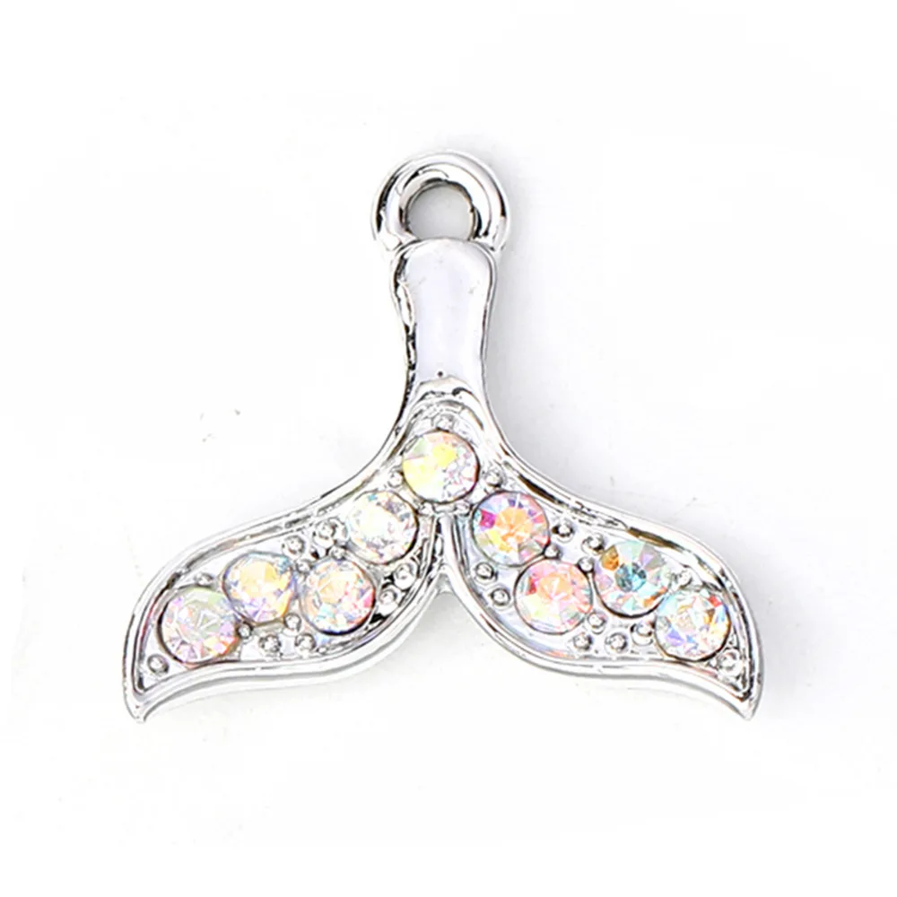 Doreen Box Zinc Based Alloy Charms Pendant Fish Whale Tail Gold AB Silver Color Rhinestone 20mm( 6/8