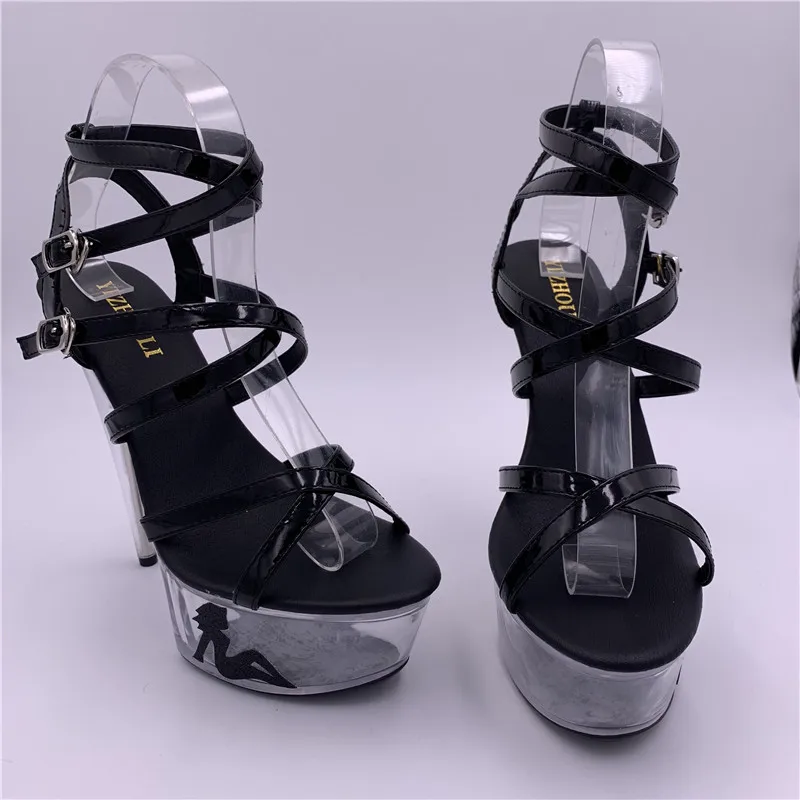 15cm ultra high heels sexy platform with transparent crystal sandals 6 inch women's shoes black performance shoes