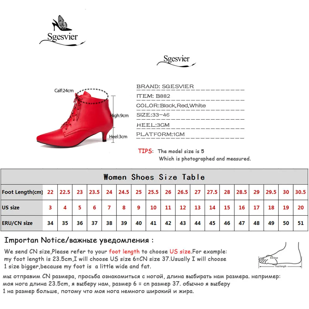 Sgesvier New Fashion women pointed toe lace-up med heel ankle boots lady solid thin heel short boots black red Size 33-46 B882