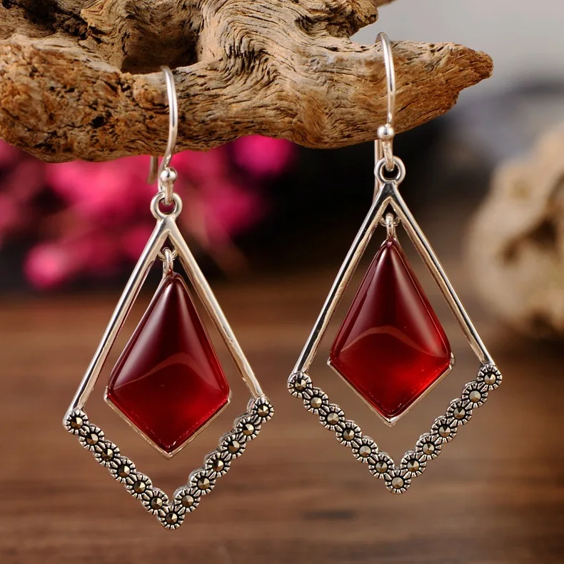 925 sterling silver vintage mark stone rhombic red corundum ladies earrings free shipping