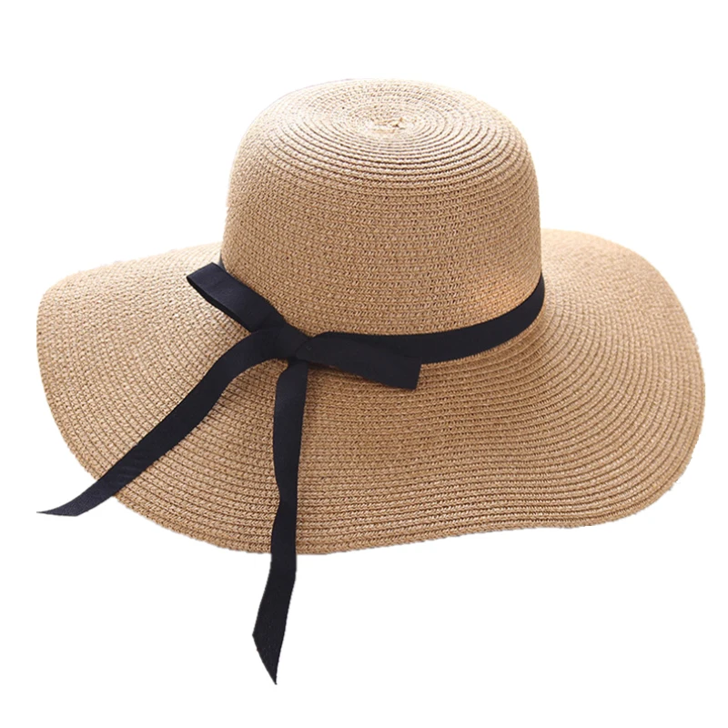 Summer Hats For Women Chapeau Femme Sun Hat Beach Panama Straw Hat Large Wide Brim Black Ribbon Bow Visor Bone Female Cap