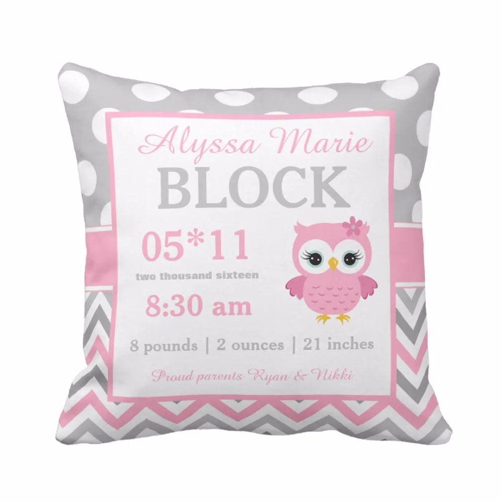 

Custom Gray Pink Owl and Blue Elephant Baby Nursery Throw Pillow Cover Home Decorative Cotton Polyester Cushion Covers Baby Gift