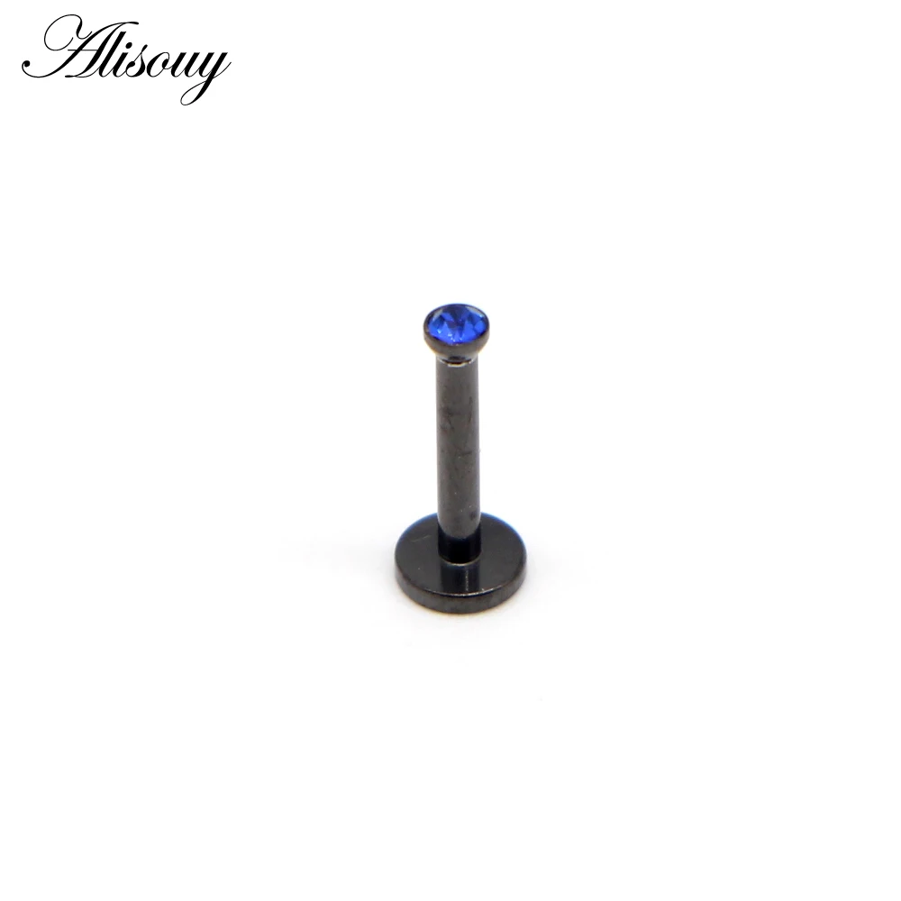 Alisouy 1pc Black Stainless Steel Zircon Crystal Earring Flat Labret Lip Piercing Tragus Rings Helix Ear Stud 8MM Body jewelry