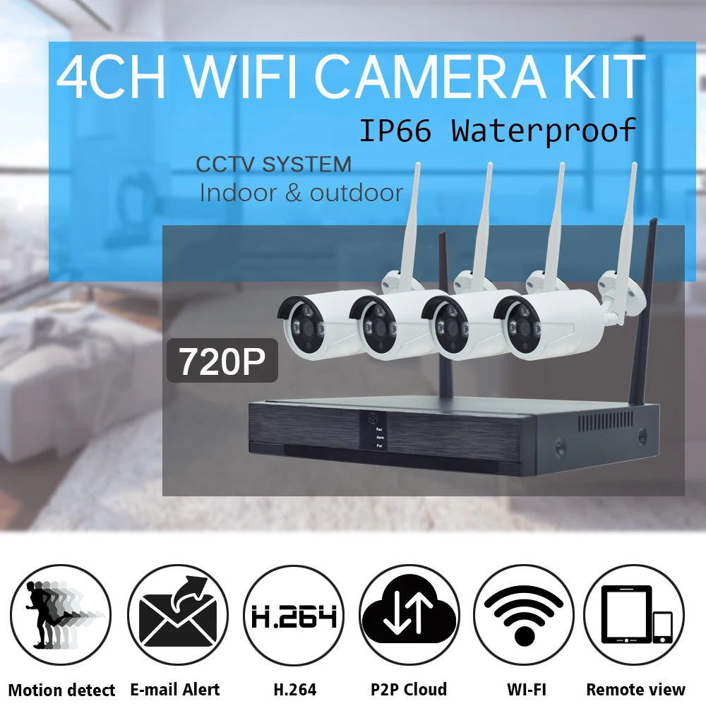 OUERTECH 720P 1.0MP P2P Home Security Wireless NVR Kit Wifi CCTV System Indoor Outdoor IP Camera Surveillance Set Motion Detect