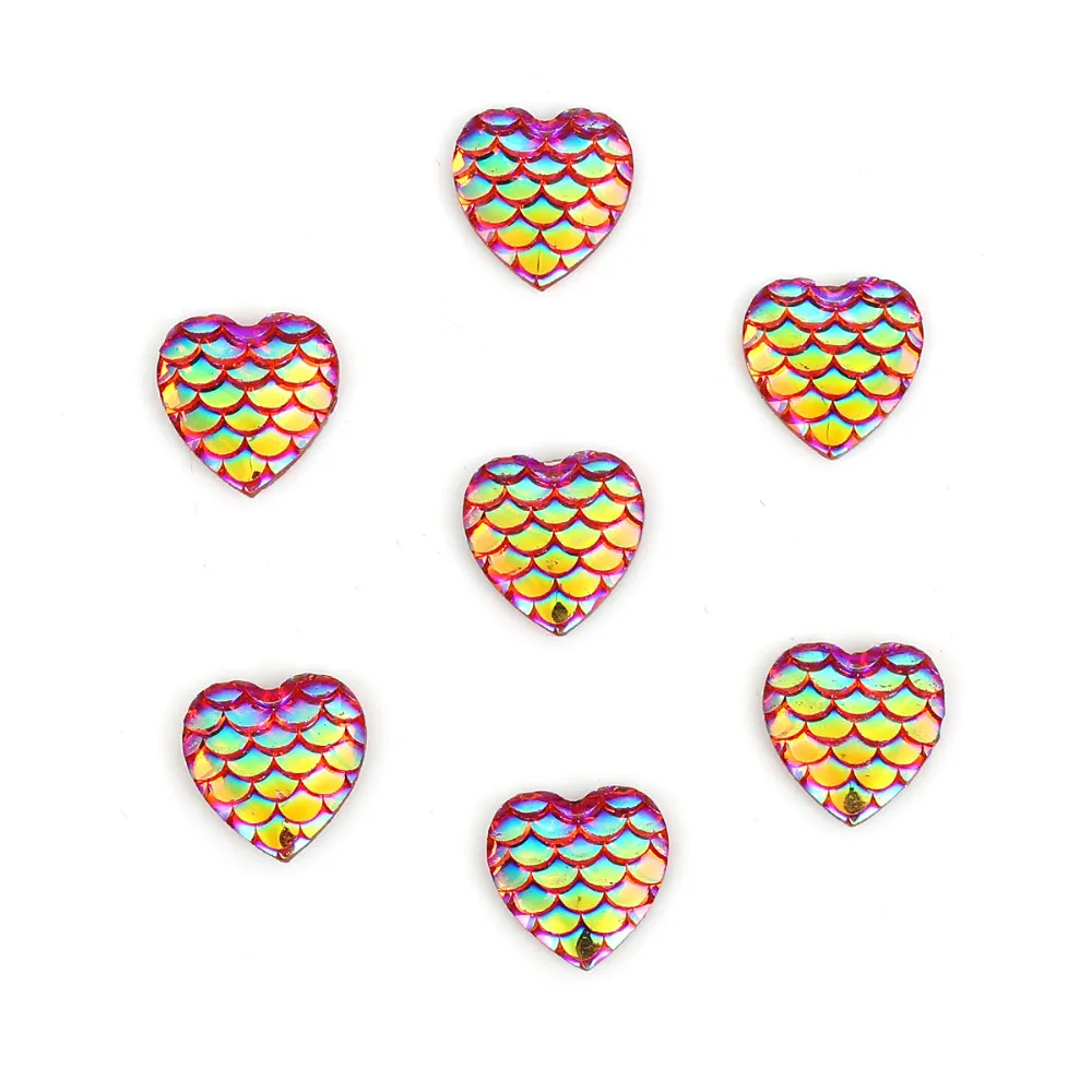 Resin Mermaid Fish/ Dragon Scale Dome Seals Cabochon Heart White Fuchsia AB Color 12mm