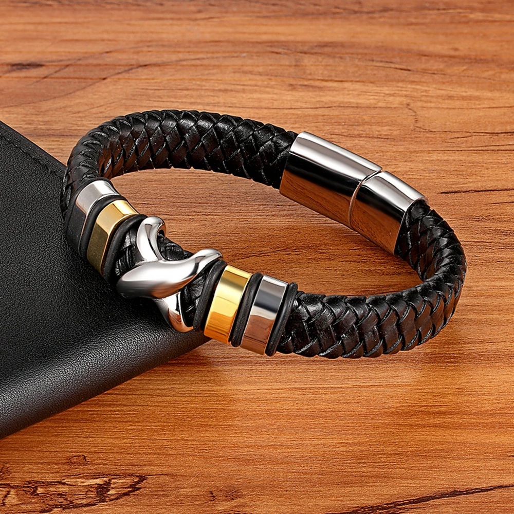 TYO Wholesale Vintage Stainless Steel Charm Bracelet Braided Leather Handmade Bracelets for Men Jewelry 7.5\'\'/8.3\'\'/9.1\'\'