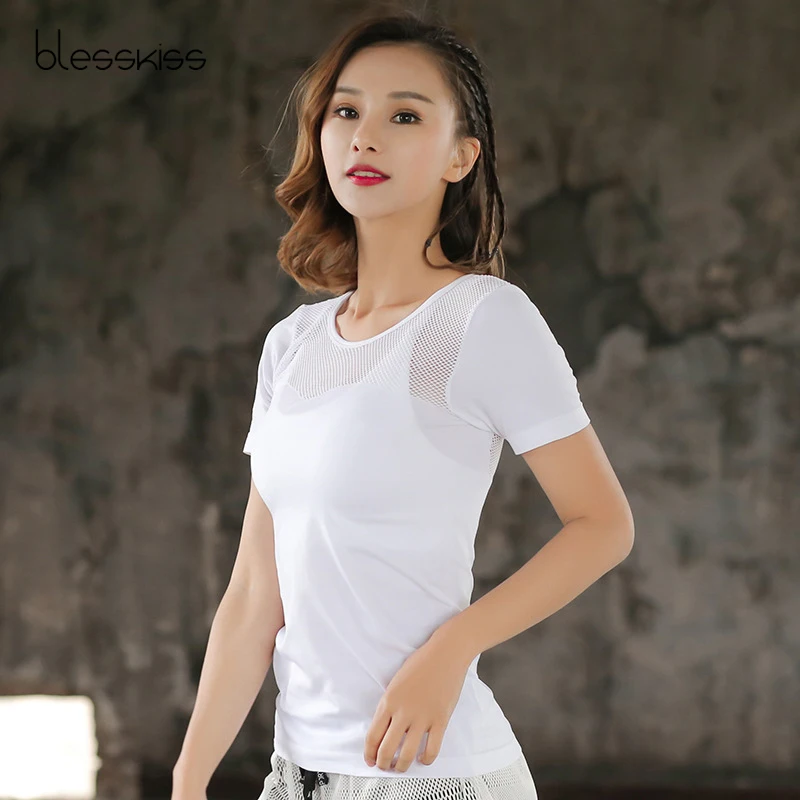

BLESSKISS New Mesh Yoga T Shirt Women Fitness Clothing Sport Short Sleeve Gym Top Running Tops T-shirt Quick Dry Workout