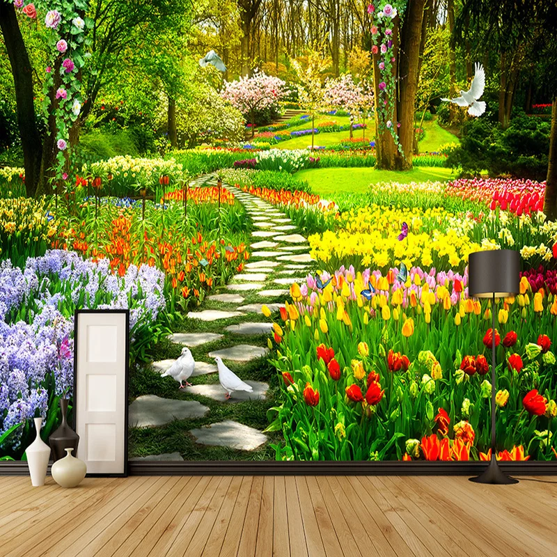 Custom Size Wallpaper 3D Nature Scenery Flowers Grass Path Murals Living Room Bedroom Decor Removable Waterproof Wall Sticker