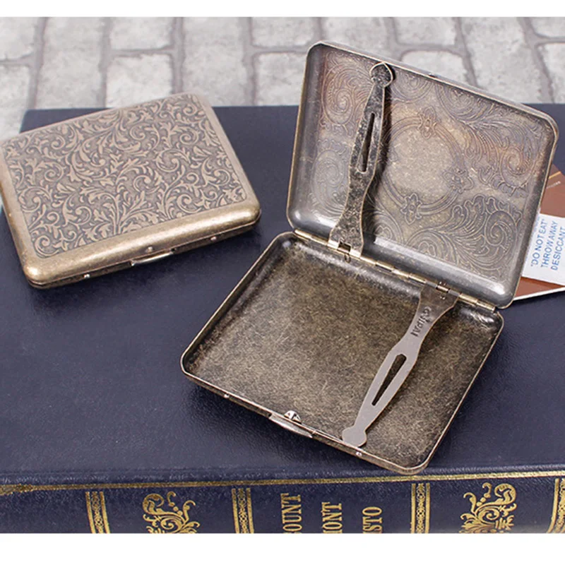 Vintage Pure Bronze Cigarette Case with Gift Box Holder 20 Pcs Regular Cigarette Tobacco Box with 2 Clips As Perfect Gift