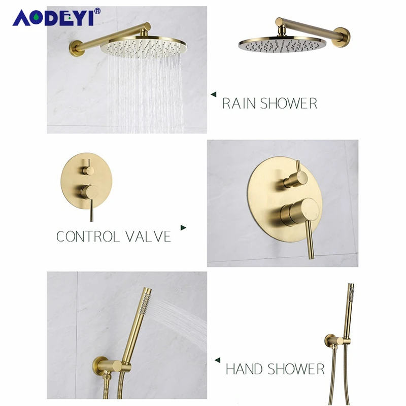 Brushed Gold Solid Brass Bathroom Shower Faucet Rianfall Head Shower Set Wall Mounted Shower Arm Mixer Water Set