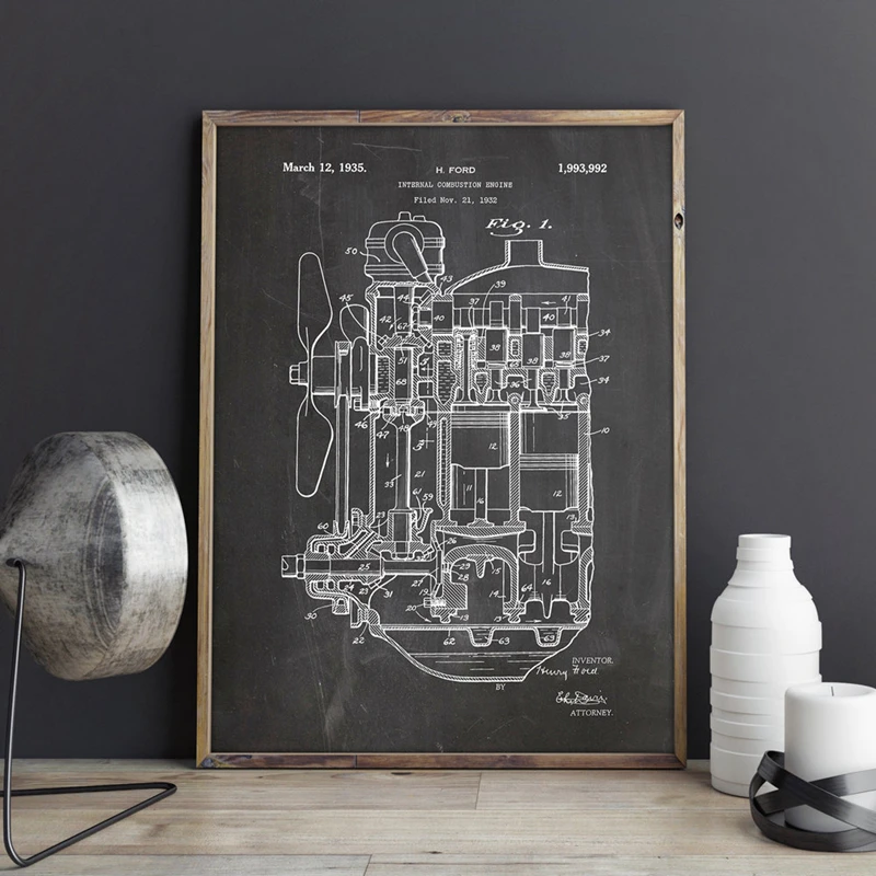 Internal Combustion Engine Patent Canvas Prints Train Artwork Wall Art Poster Room Decor Blueprint Painting Gift Wall Decoration