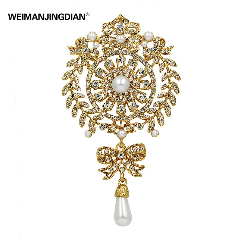 WEIMANJINGDIAN Brand Large Size Crystal Diamante and Imitation Pearl Waterdrop Scroll Decor Brooches for Women or Wedding