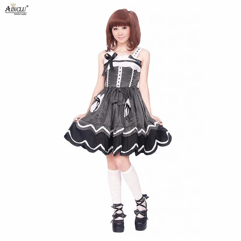 

Ainclu XS-XXL Womens Cotton Black White Polka Dot Sleeveless Sweet Classic Lolita Dress With White Lacy and Bow Free Shipping