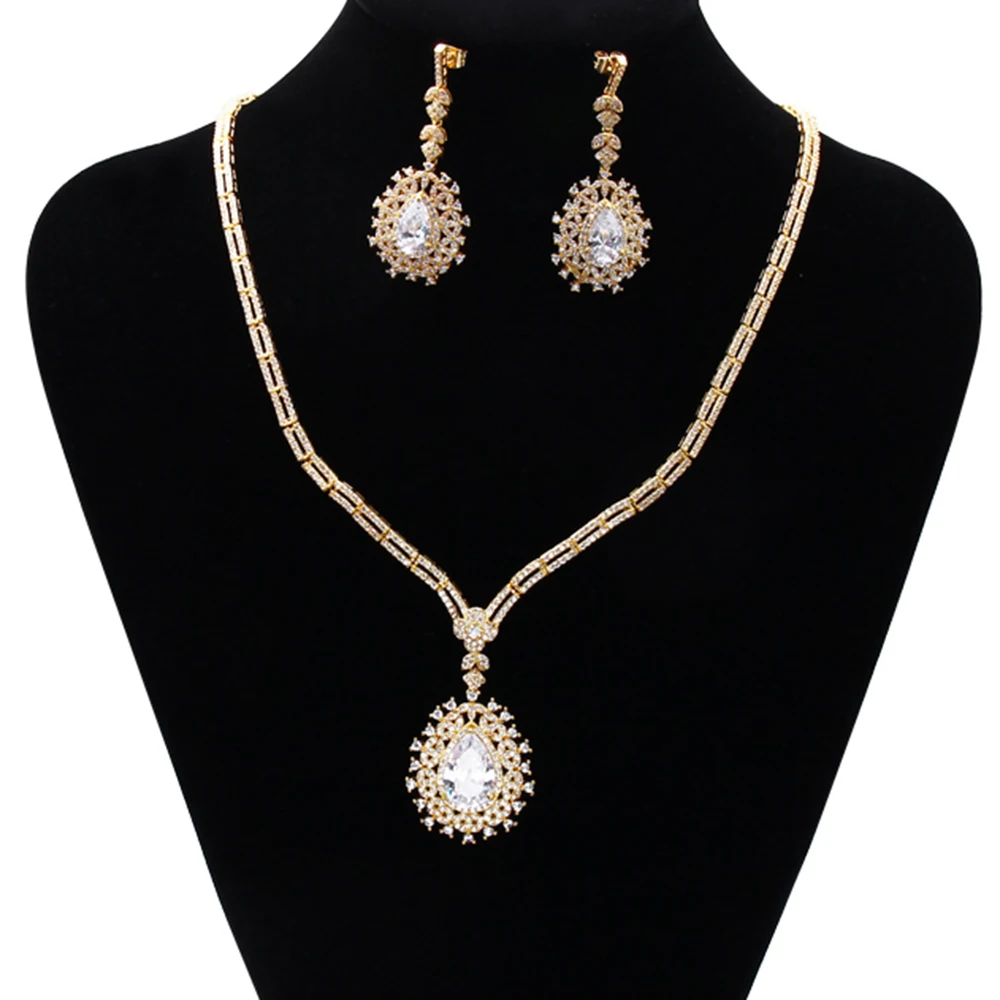 Trendy Necklace Earrings 2pcs jewelry set for party Big water drop CZ crystal fast shipping beautiful excellent jewelry sets