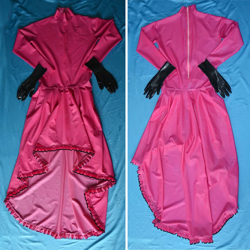 Latex Dress Sexy Long Skirt for party exotic sleeve with Ruffles Handmade miti layer hemline