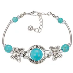 HOCOLE Vintage Charming Tibetan Silver Chain Butterfly Round Blue Stone beads bracelet jewelry for women Boho Jewelry Wholesale