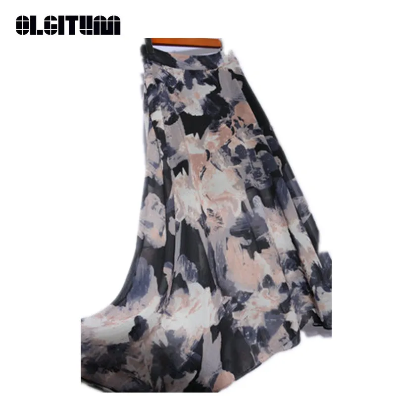 

OLGITUM 2020 New Summer Korean Style Women Casual Loose Ink Painting Chiffon Skirt High Waist Female Plus Size Skirt Falda SK150