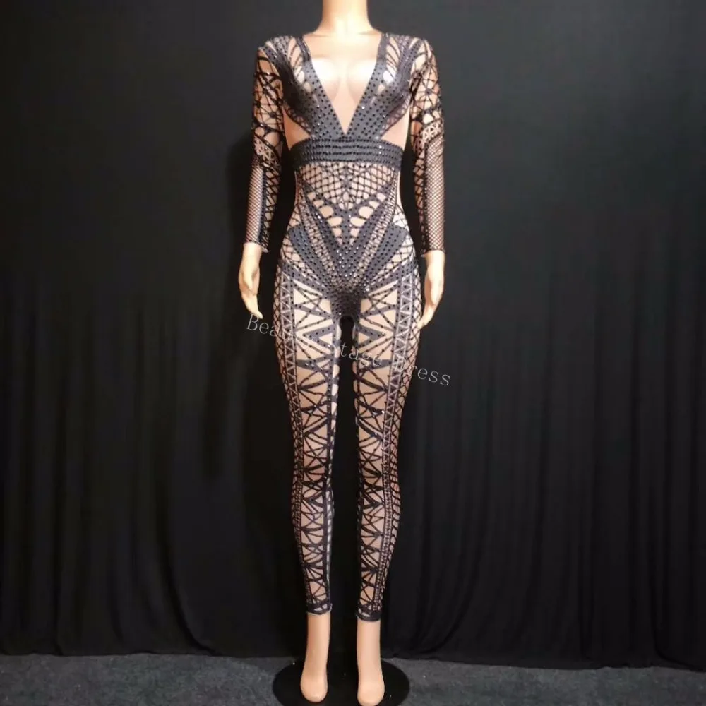 Combinaison noire à la mode pour femmes, Costume une pièce pour discothèque, Bandage de danse, tenue imprimée, fête, scène, vêtements de célébration