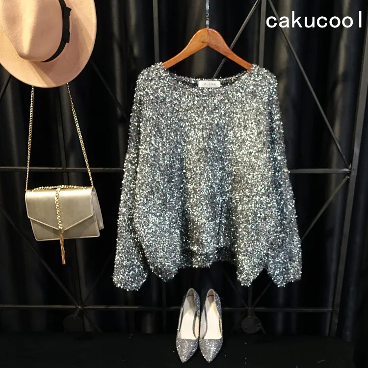 Cakucool New Silver Lurex Sweater Women Round neck Jumpers Embellish Bling Casual Loose Knit Pull Sweaters Jersey Mujer Femme