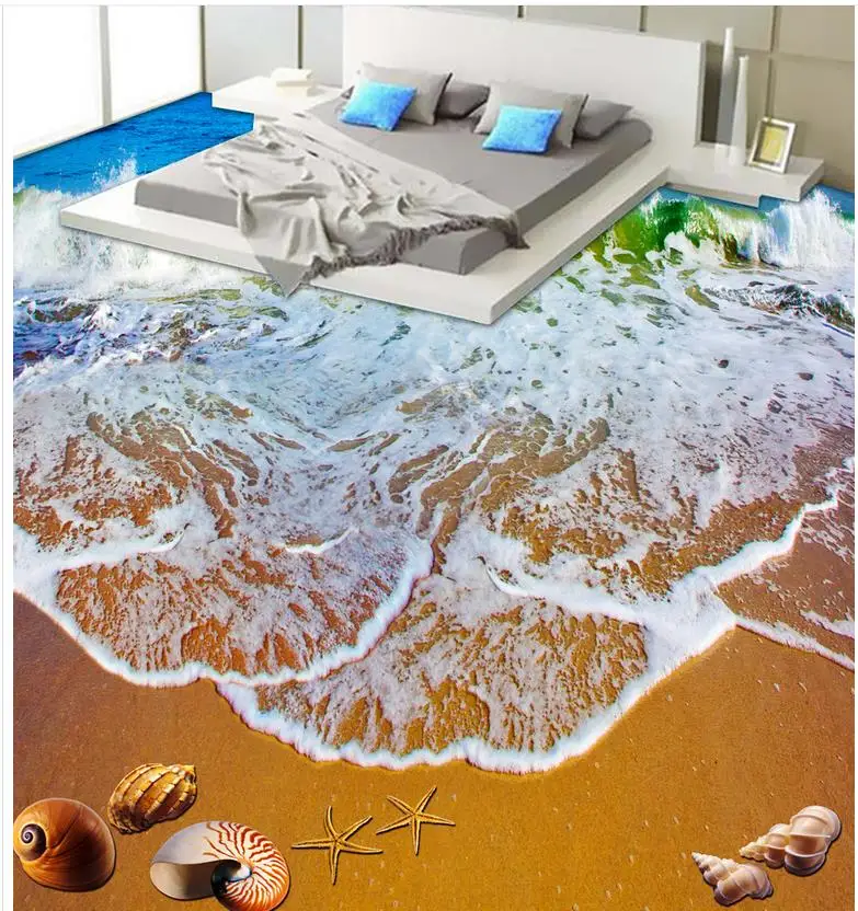 

3d floor wallpapers Beautiful beach waves Bathroom Bedroom 3D Floor Waterproof floor mural painting