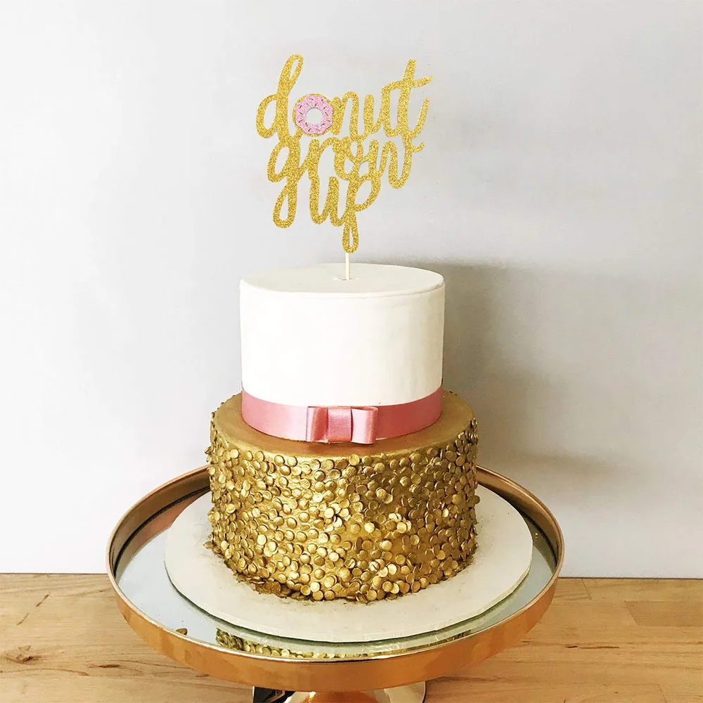 Glitter Gold Donut Grow UP Cake Topper Sweet Doughnuts Cupcake Topper Birthday Party Decoration Kids Baby Shower Party Supplies