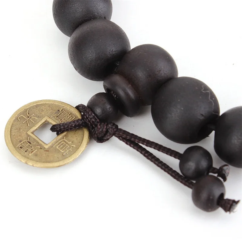 2022 Black Wood Buddha Beads Buddhist Tibet Rosary Bracelets Black Fairy Peach Tree Copper Coin Beads Bracelet Accessories