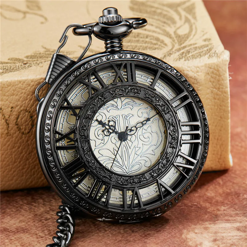 

Retro Hollow Skeleton Steampunk Pattern Design Mechanical Pocket Watch Mens Roman Numerals Hand Wind Fob Chain Clock Male