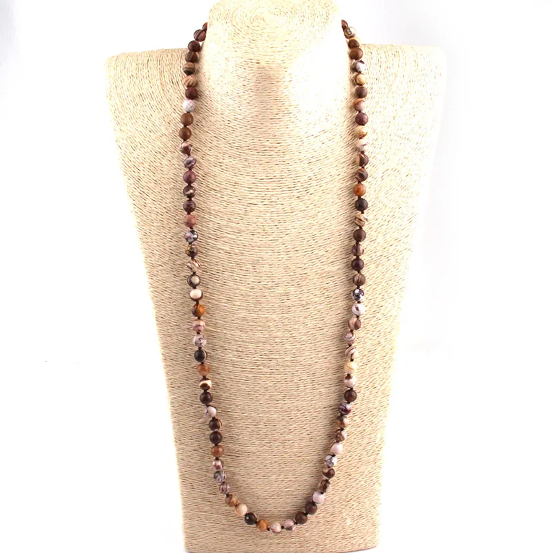 Fashion 8MM Natural Semi Precious Stones Beads long Knotted Statement Necklaces  For Women