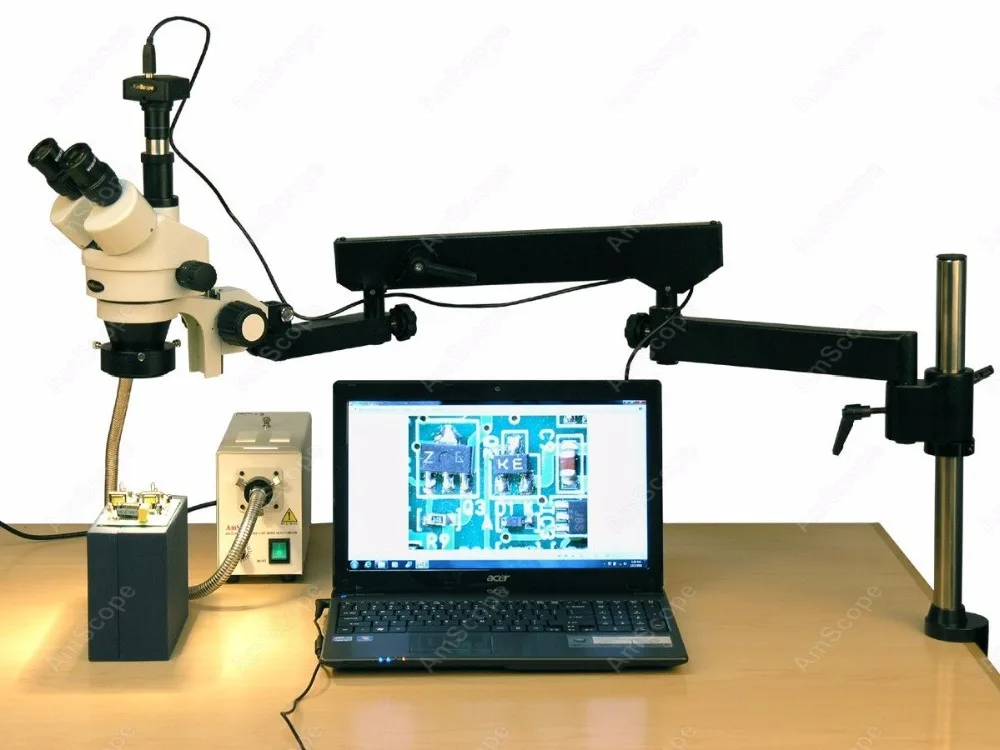 Articulating Stereo Microscope--AmScope Supplies 3.5X-180X Fiber Ring Articulating Zoom Stereo Microscope + 1.3MP Digital Camera