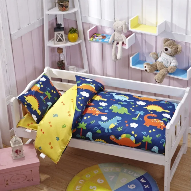 3Pcs Cotton Crib Bed Linen Kit Cartoon Baby Bedding Set Includes Pillowcase Bed Sheet Duvet Cover Without Filler