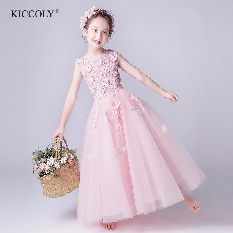 

Elegant Beaded Appliques Flower Girl Dress Party Pageant Gown Pink Lace Princess Wedding Dress Kids First Communion Dresses
