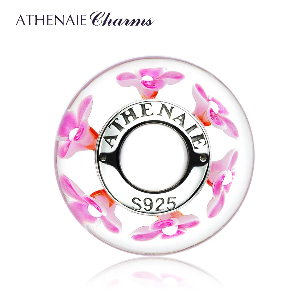 ATHENAIE 100% 925 Sterling Silver Core Pink Field of Flowers Murano Glass Beads Fit European SStyle Women Charm Bracelets Bangle