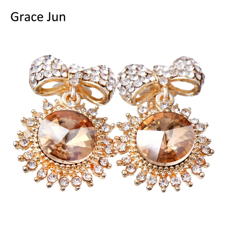 Grace Jun 6 Colors Choose Large Austria Crystal Clip on Earirngs Without Piercing for Women Charm Bowknot Rhinestone Earrings