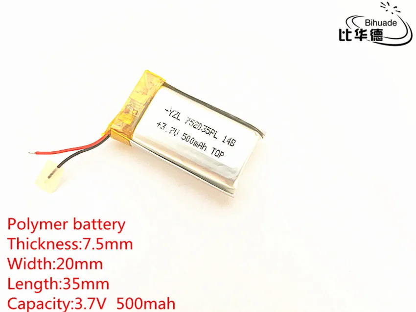 Free shipping 1pcs/lot Polymer battery 500 mah 3.7 V 752035 smart home Li-ion battery for dvr GPS mp3 mp4