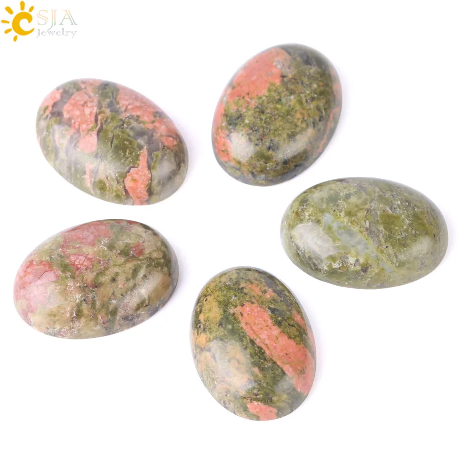 CSJA Natural Green Unakite Cabochon Beads Semi-Precious Stone Loose Bead No Drilling Hole Dome Jewelry Accessories Fit Ring F522