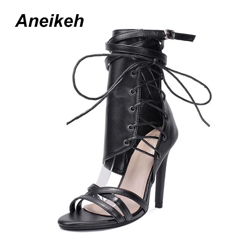 Aneikeh Roman Buckle Strap Shoes Women Sandals Sexy Gladiator Cross-Tied Lace Up Peep Toe High Heels Ankle Boots Black Aprict