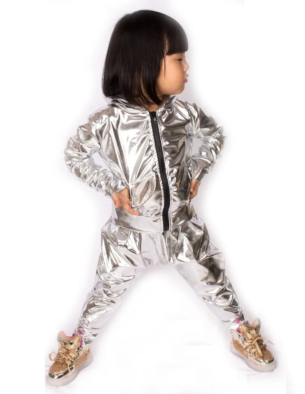 Spring Autumn Kids Silver Bomber Jacket Stage Performance Wear Paillette Feminina Casaco Jazz Hip Hop Dance Coat