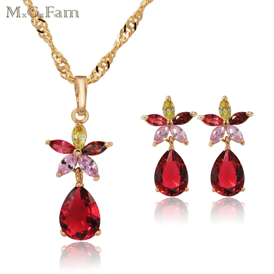 MxGxFam Hot Sale Red CZ Jewelry Sets for Women Multicolor Flower Drop Water 18 k yellow Gold Color 45cm Wave Chain