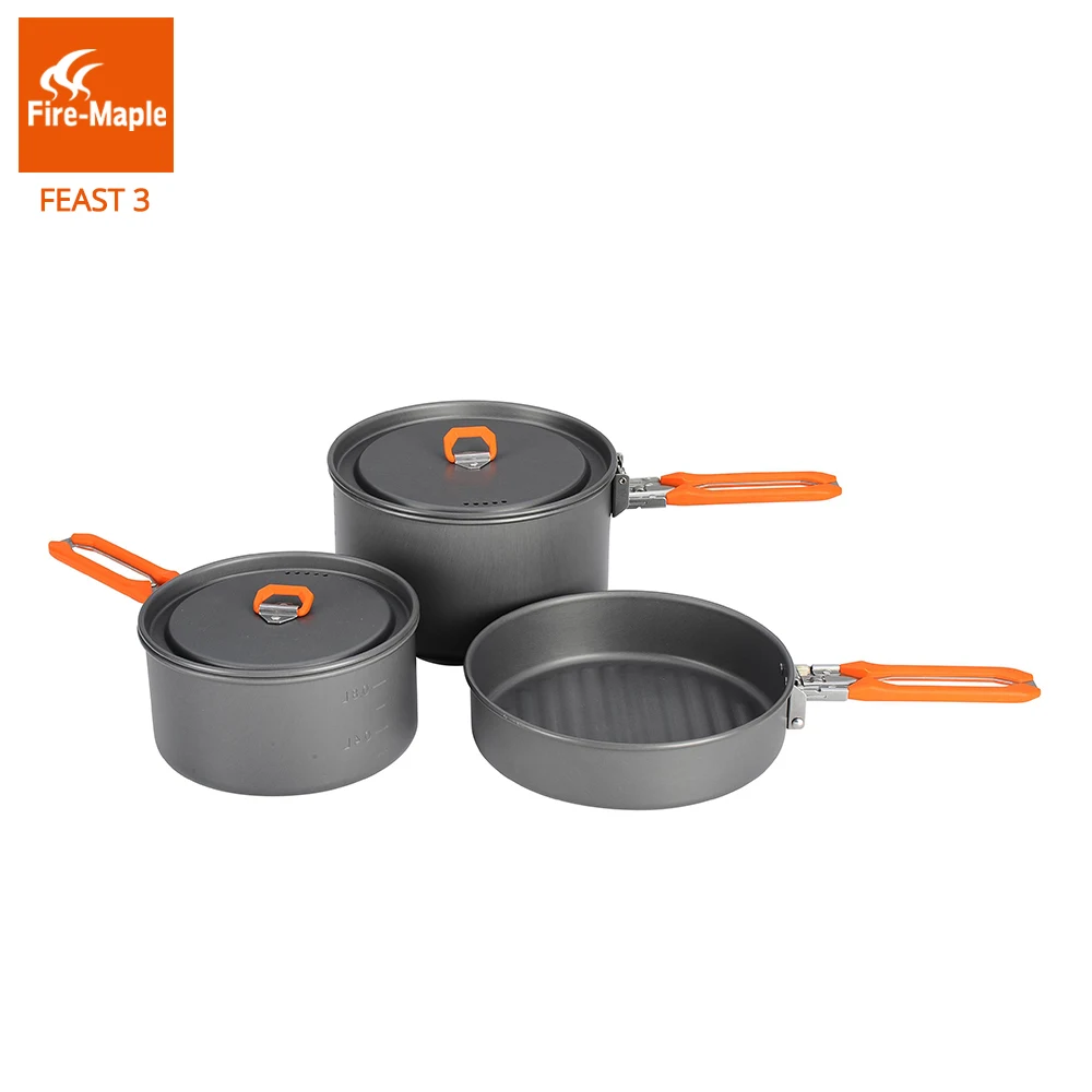 Fire Maple Feast 3 Outdoor Camping Hiking Cookware Backpacking Cooking Picnic Pot Pan Set Foldable Handle 2 Pots 1 Frypan FMC-F3