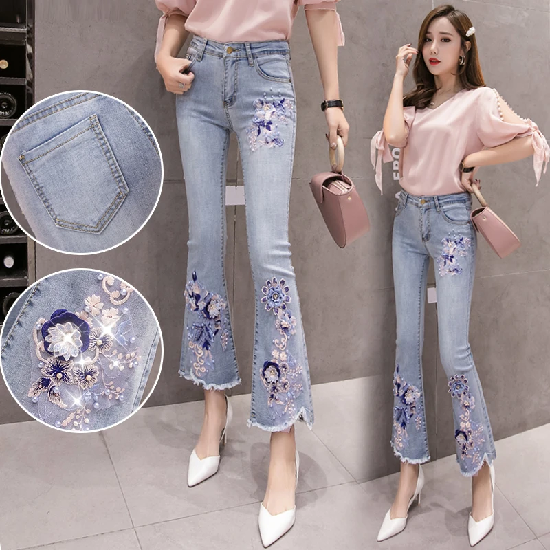 

High waist stretch jeans female raw edge embroidery beaded jeans spring summer new slimming slightly ankle length pants wq2096