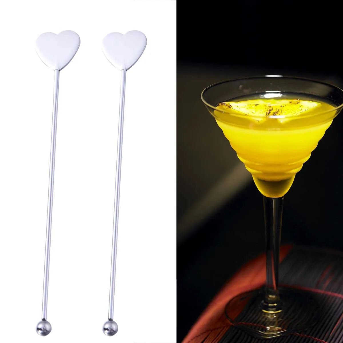 5 Pcs Stainless Steel Practical Durable Heart-shaped and Round Bead Martini Picks Cocktail Pick Set Fruit Stick Stirring Stick