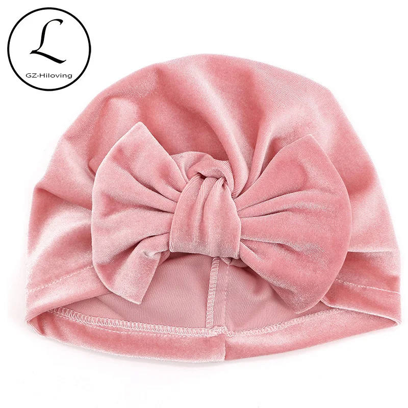 GZhilovingL Autumn Winter Baby Boys Girls Big Velvet Bow Hats 2018 Soft Cute Kids Childs Girls Solid Muslim Turban Hat Beanies