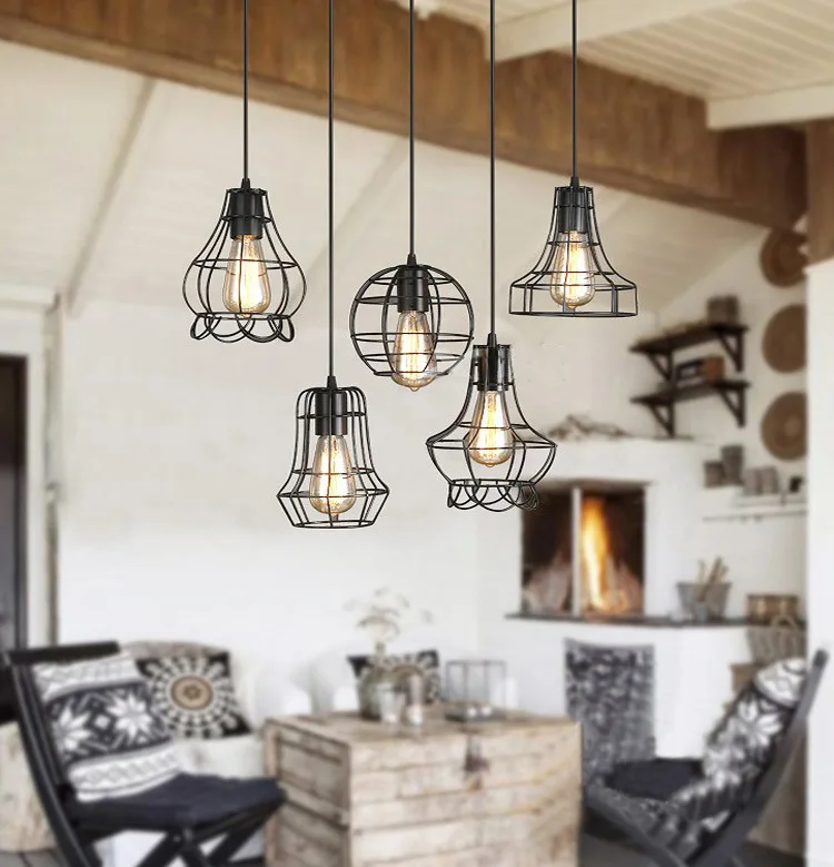 

Vintage Industrial Metal Cage Black LED E27 Cafe Loft Bar Pendant Light Lamps Atmosphere Aisle Bar Bedroom Light Fixture