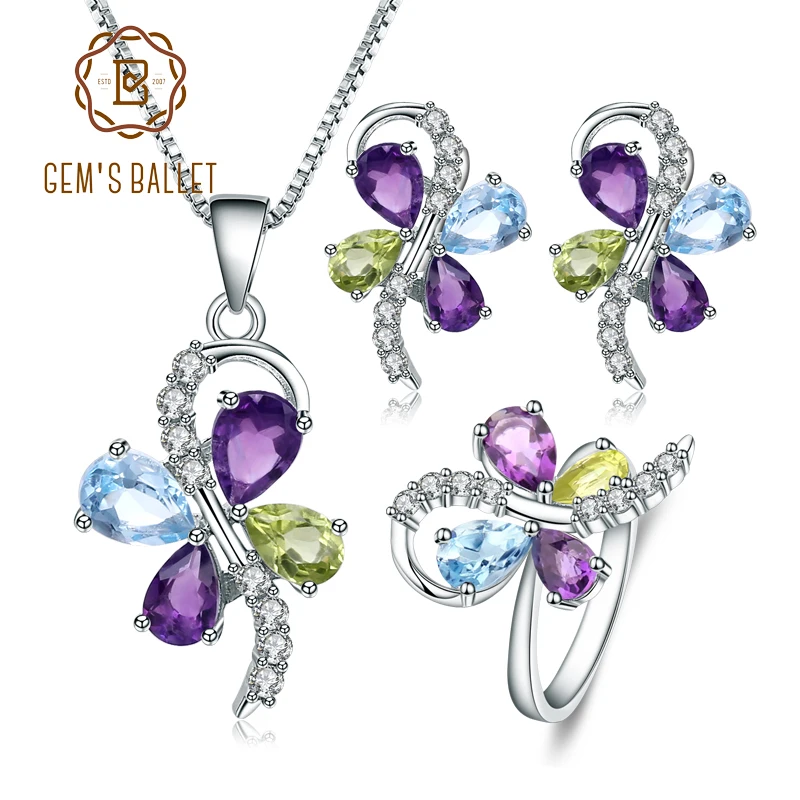 

GEM'S BALLET Natural Amethyst Butterfly Topaz Jewelry Set Pure 925 Sterling Silver Necklace Earrings Ring Fine Three-pieces Sets