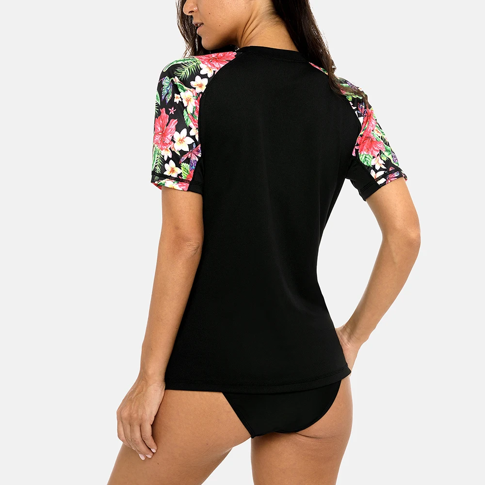 Camisa Charmo-retro com estampa floral feminina, manga curta, camisa Rashguard, secagem rápida, UPF50 Plus, camisa de caminhada, top surf